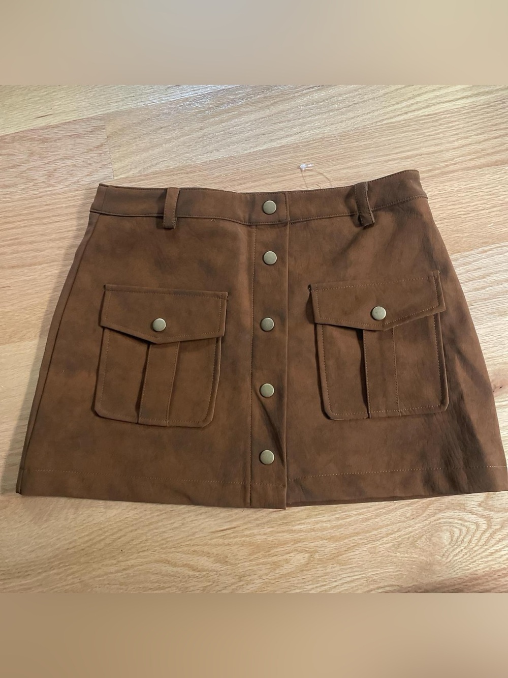 Brown Suede Button-Front Mini Skirt with Flap Pockets